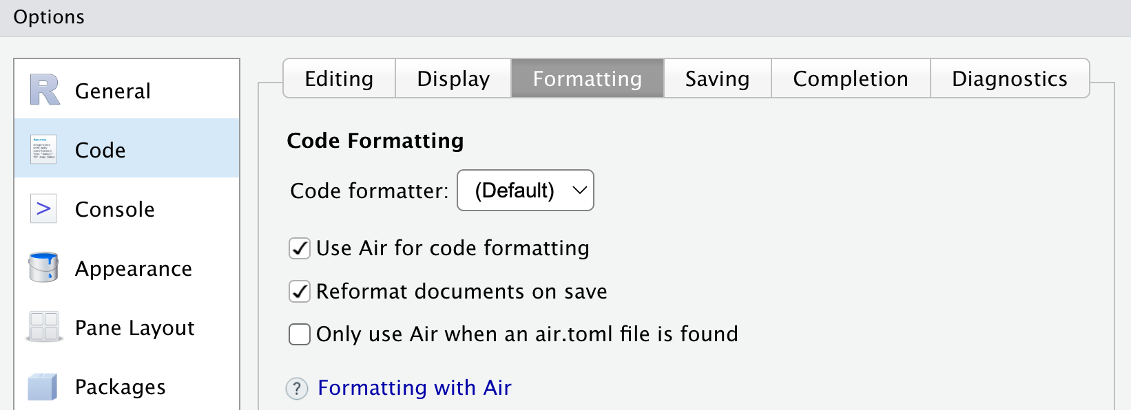 RStudio settings for Air